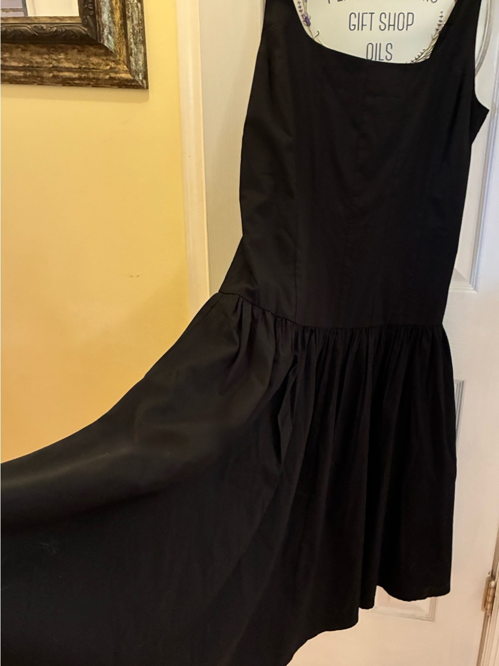 Express Black Square Neck Drop Waist Fit-and-Flare Midi Dress - Picture 7 of 15